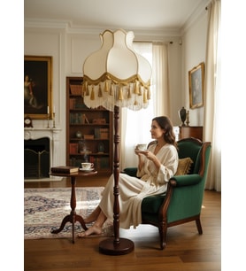 Beyaz Kadife Gold Detaylı Başlık Kahverengi Ahşap Ayaklı Lambader Vintage Model 170x45cm
