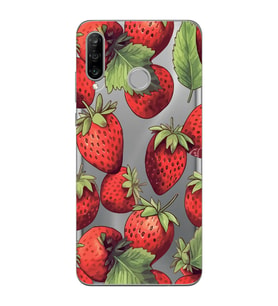 Huawei P30 Lite Uyumlu Çilek Desenli Şeffaf Telefon Kılıfı