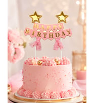Pasta Üstü Çubuklu Happy Birthday Yıldızlı Tüllü Pembe Süs Doğum Günü Parti Dekoru
