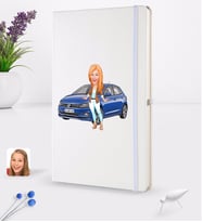 BK Gift Kişiye Özel Plakalı Kadın Volkswagen Polo Karikatürlü Beyaz Termo Deri Defter 16x24cm Model 1