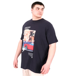Mode XL Büyük Beden Erkek Baskılı T-Shirt Palm Dream U25026 Lacivert
