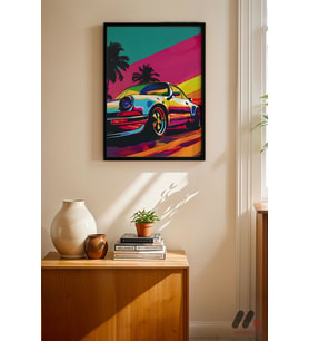 Renkli Spor Araba Pop Art, Siyah Çerçeveli Duvar Tablosu - Renkli Ev Dekorasyonu