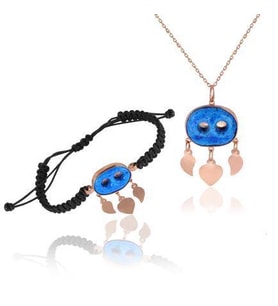 Söğütlü Silver Gümüş rose süryani nazar boncuğu kolye ve bileklik ikili set