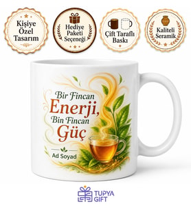 Enerji Çayı Temalı Baskılı Kupa Bardak Hediye Özel Tasarım Porselen Mug