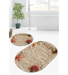 Bej Deniz Kabuklu Banyo Halısı Klozet Oval Paspas Seti BS083