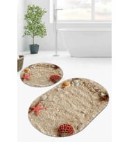 Bej Deniz Kabuklu Banyo Halısı Klozet Oval Paspas Seti BS083