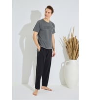 Erkek Mavi Bisiklet Yaka Kısa Kol Cepli Yazlık Pamuklu Pijama Takımı (Antrasit)