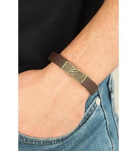 Eskitme Metal Zebra Aksesuarlı Kahverengi Deri Erkek Bileklik