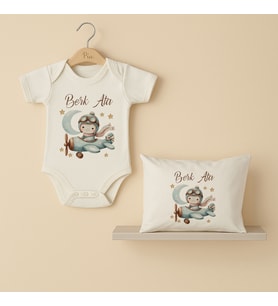 Pia Baby Premium %100 Pamuk İsme Özel Organik Baskılı Çıtçıtlı Bebek Body Ve Yastık Kılıfı 5024-19 (Ekru)