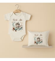 Pia Baby Premium %100 Pamuk İsme Özel Organik Baskılı Çıtçıtlı Bebek Body Ve Yastık Kılıfı 5024-19 (Ekru)