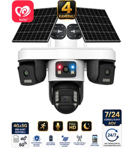 Trio 4 Kameralı 20MP 4G Sim Kartlı Güvenlik Kamerası Çift Solar Panelli Gece Görüşlü Güneş Enerjili