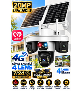 Trio-479 4G SIM Kartlı Solar Güvenlik Kamerası 4 Kameralı Çift Panelli Gece Görüşlü Güneş Enerjili