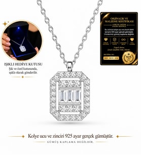 925 Ayar Gümüş Baget Taşlı Pırlanta Montür Kolye - Büyük Boy LED Işıklı Takı Kutulu