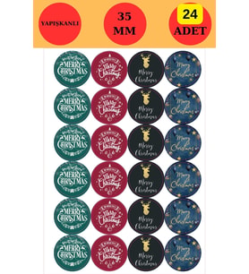 24 Adet - Deer & Merry Christmas Sticker - Yılbaşı Sticker - Yılbaşı Süsü - Paketleme Sticker