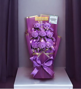 Kişiye Özel Büyük Boy Led Işıklı Mor Peluş Ayıcık Buketi 8 Ayıcıklı Peluş Buket