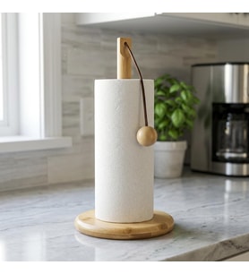 Doğal Bambu Bohem Top Tutacaklı Kağıt Havluluk - Dekoratif Ahşap Stand (30x14 cm, Kahve ve Bambu Renk Seçenekli, 1 Adet) (DOĞAL)