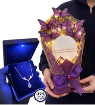 Işıklı Premium Kutusunda 925 Ayar Gümüş Kolye ve Led Işıklı Aynalı Kelebek Buketi (Model 1)