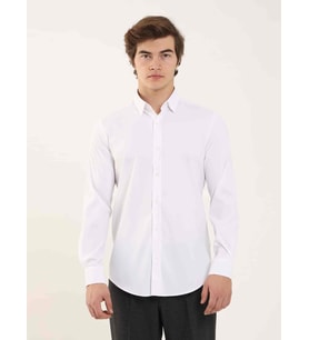 Beyaz Erkek Slim Fit Kareli Alttan Düğmeli Yaka Uzun Kol Gömlek
