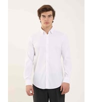 Beyaz Erkek Slim Fit Kareli Alttan Düğmeli Yaka Uzun Kol Gömlek
