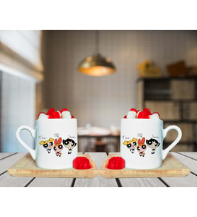Power Puff Girl Tasarımlı Çift Ahşap Tabaklı Kişiye Özel Türk Kahvesi Fincanı Seti