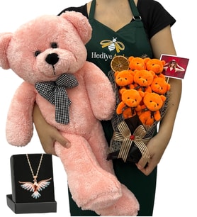 Fotoğraflı 7'li Peluş Ayıcık Buketi, Renkli Anka Kuşu Kolye ve Pembe Peluş Ayıcık (Model 3)