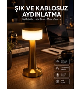 Altın Rengi Masa ve Gece Lambası Dokunmatik Şarjlı Masa Lambası