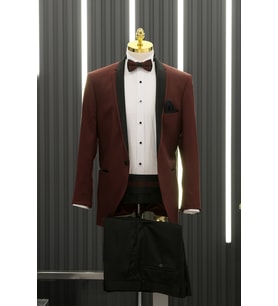 Regular Fit Armürlü Şal Yaka (Yaka Çıkmalı) Papyonlu Kuşaklı Smokin Takım Elbise (Bordo)