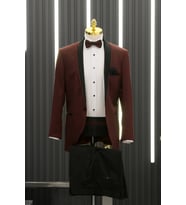 Regular Fit Armürlü Şal Yaka (Yaka Çıkmalı) Papyonlu Kuşaklı Smokin Takım Elbise (Bordo)