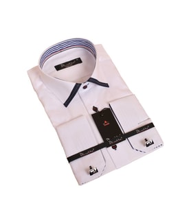 Beyaz Lacivert Bieli Yaka Dar Kesim Micro Kumaş Kol Düğmeli Slim Fit Erkek Gömlek - 200-1