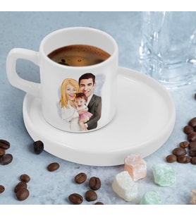 BK Gift Kişiye Özel Sunum Tabaklı Aile Karikatürlü Kahve Fincanı-12, Sevgiliye Hediye, Aileye Hediye, Arkadaşa Hediye
