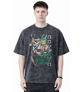 Tasarım Roronoa Zoro One Piece Anime Baskılı Unisex Oversize Eskitme Yıkamalı Tişört