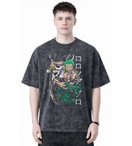 Tasarım Roronoa Zoro One Piece Anime Baskılı Unisex Oversize Eskitme Yıkamalı Tişört
