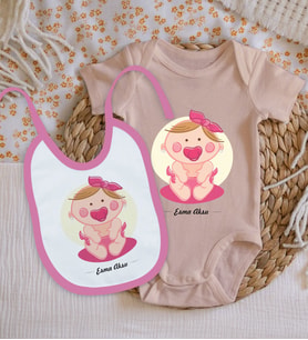 BK Kids Kişiye Özel İsimli Pembe %100 Pamuklu Kısa Kol Bebek Body Zıbın ve Mama Önlüğü Hediye Seti-4
