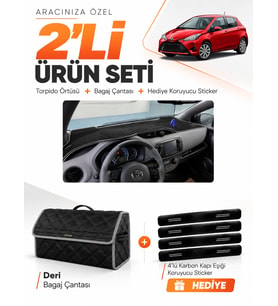 TOYOTA YARİS (2014-2019) Uyumlu Torpido Örtüsü + Deri Bagaj Çantası + Sticker Seti - Siyah Gri