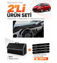 TOYOTA YARİS (2014-2019) Uyumlu Torpido Örtüsü + Deri Bagaj Çantası + Sticker Seti - Siyah Gri