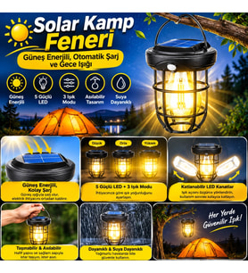 Mey İthalat® Solar Kamp Feneri – Güneş Enerjili, Otomatik Şarj ve Gece Işığı, Taşınabilir ve Asılabilir LED Dış Mekan Lamba