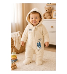 Rabbit Tavşan Nakışlı Patikli Tüylü Erkek Bebek Tulumu – Fermuarlı 3-6-9-12 Ay