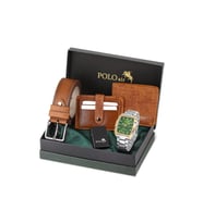 Polo Air Erkek Kol Saati Kemer Cüzdan Kartlık Çakmaklı Hediyelik Kutusunda Gümüş Gold Yeşil Set PL-7027E3 (Gold-Yeşil)