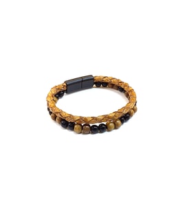 Golden Stone Weave – Taba Örgü & Doğaltaş Boncuk Detaylı Erkek Deri Bileklik-1417