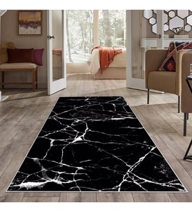 Siyah Mermer Desenli Yıkanabilir Kaymaz Taban Leke Tutmaz Modern Salon Halısı ve Yolluk (Beyaz)
