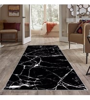 Siyah Mermer Desenli Yıkanabilir Kaymaz Taban Leke Tutmaz Modern Salon Halısı ve Yolluk (Beyaz)