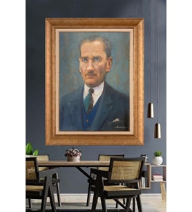 Altın Varaklı Çerçeveli Paspartulu Atatürk Tablo nh259 (Gold)