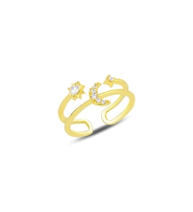 Gümüş altın yaldızlı zirkon taşlı ay ve güneş modeli ayarlamalı yüzük SGTL12162GOLD (Rose)