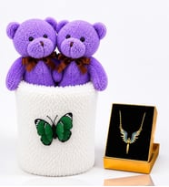 Peluş Saksıda Peluş Ayıcık Buketi ve Mikail Meleği Kolye Kadına Sevgiliye Arkadaşa Hediye Seti