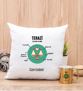 Kişiye Özel Terazi Burcuna Hediye Kare Yastık ve Gold Kupa