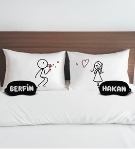 BK Gift Kişiye Özel Sevgili Tasarımlı Pamuklu Yastık Kılıfı ve Göz Bandı Çift Uyku Seti-2, Tasarım Ev Tekstili, Uyku Bandı, Ev Hediyesi