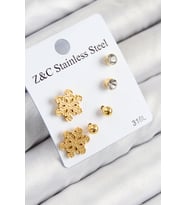 316L Çelik Zirkon Taşlı Kar Tanesi Model Gold Renk Kadın Set Küpe