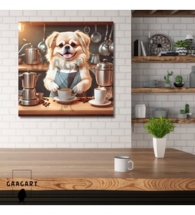 Kare Kanvas Kahve Köşesi Cafe Tablosu Barista Pekinez Köpek