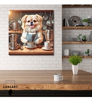 Kare Kanvas Kahve Köşesi Cafe Tablosu Barista Pekinez Köpek