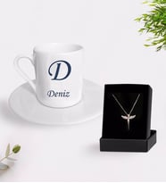 Kişiye Özel Baş Harf Ve İsim Tasarımlı Kahve Fincanı Ve Melek Kolye